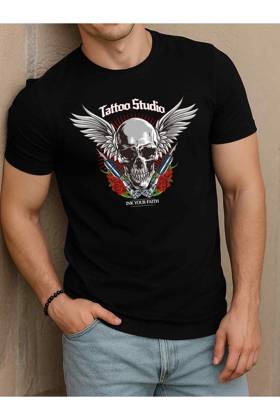 Tattoo Studio Ink Faith Tee men Crew neck T-shirts black graphic elegant Soft and comfortable Hip-hop streetwear Funny Unisex Shirt Crewneck tshirts