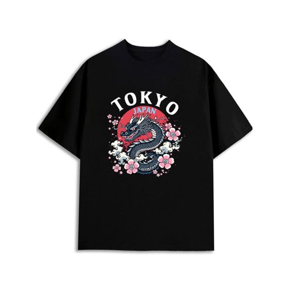 Greenink Tokyo Dragon Cherry Blossom Tee Men's t-shirts black limited edition casual Fashionable, printed, machine washable Retro Unisex Shirt Graphic tshirts