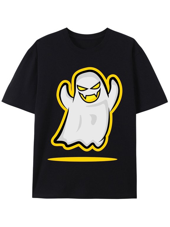 Women's Halloween Spooky Ghost T‑Shirt, Bold Yellow Outline Evil Grin Ghost Holiday Daily Wear