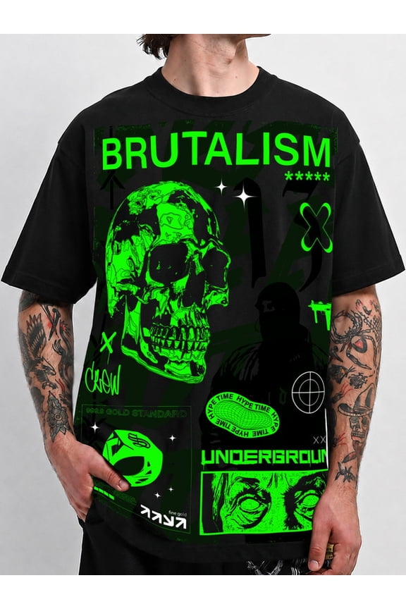 For men Brutalism Neon Skull T-Shirt black Y2K Gothic Full Front Print t-shirt fun and playful, cool T-shirt, funny T-shirt Hip-hop streetwear Casual sportswear Suitable as a Father's Day