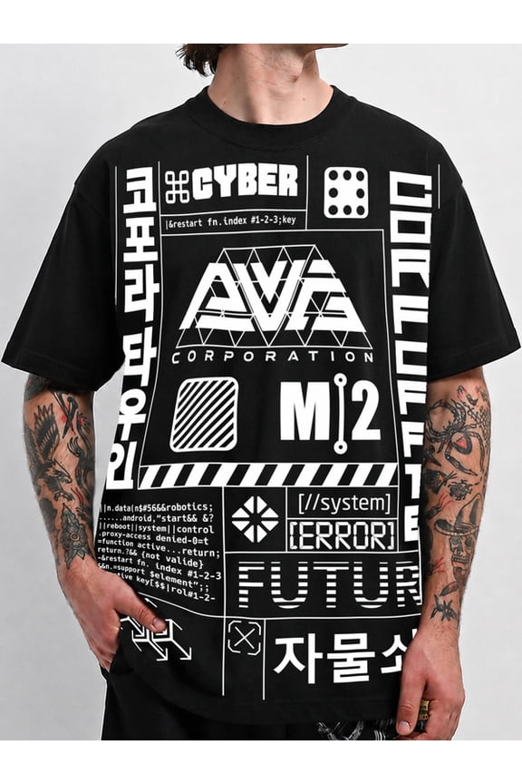 For men Cyber Corp Future Tech Tee black Y2K Gothic Bold Print t shirts BBQ Weekend Gathering Family Tee Spring and summer outdoor loungewear summer and spring season Trendy print design