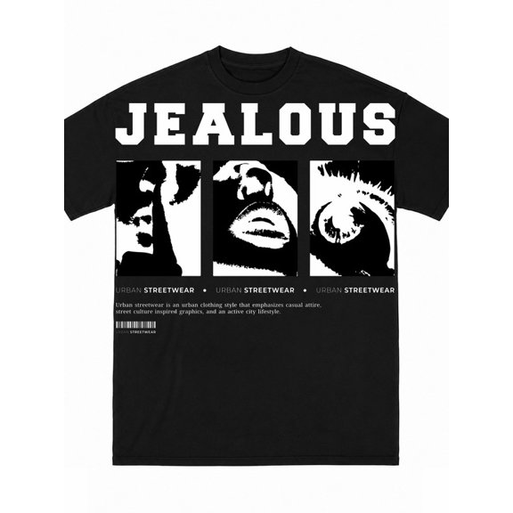 Greenink men Jealous Urban Streetwear Graphic T-Shirt black Y2K style Bold Print t-shirts Comfortable activewear, perfect for gifts Unique designs, summer prints Suitable as a Father's Day gift