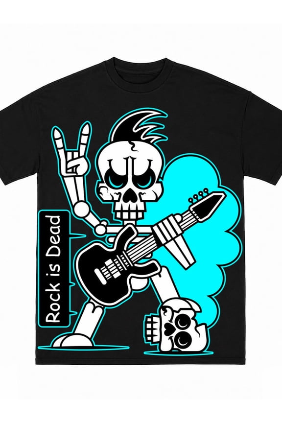 For men Rock is Dead Skull Guitar black Y2K Gothic Full print t shirts New spring and autumn styles Fashionable printed T-shirts Beach Day Good Vibes Casual Tee Father's Day gift