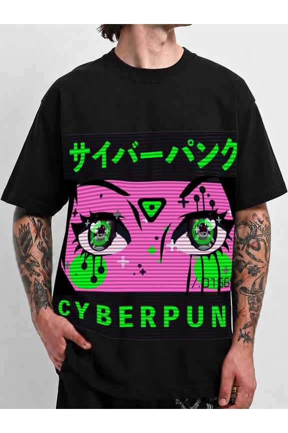 mens Cyberpunk Neon Eyes T-Shirt black Y2K trend Full print t shirts t shirts For summer Fall Weekend casual wear Tropical Beach Day Holiday T-Shirt Hip-hop street style Father's Day