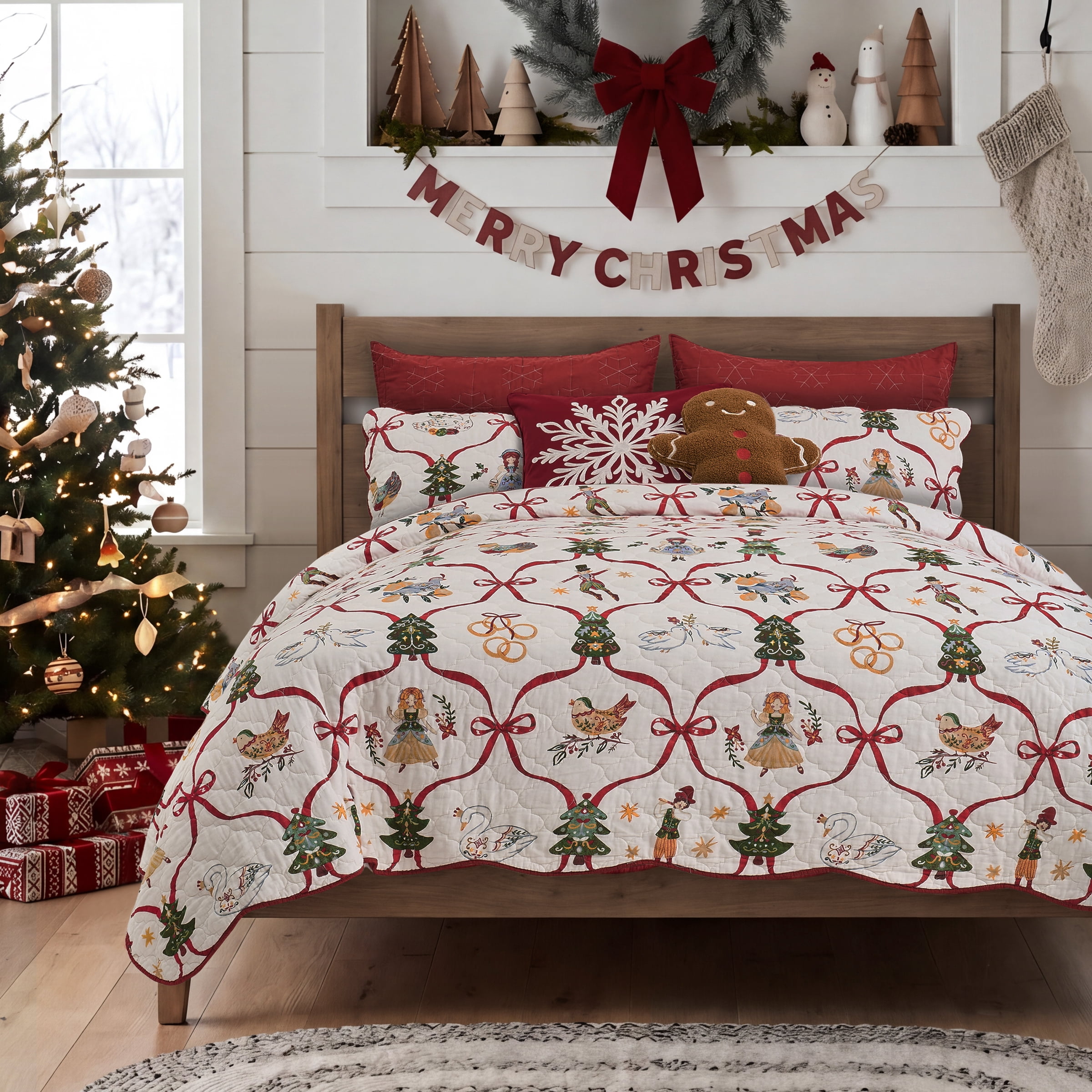 Greenland Home 12 Days of Christmas Cotton Reversible Quilt Set, 3-Piece Full/Queen, for Adults