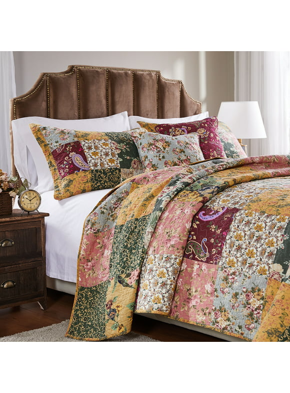 Greenland Home Antique Chic 100% Cotton Patchwork Floral Reversible Oversized Quilt Set with Decorative Pillows, 5-Piece King/Cal King
