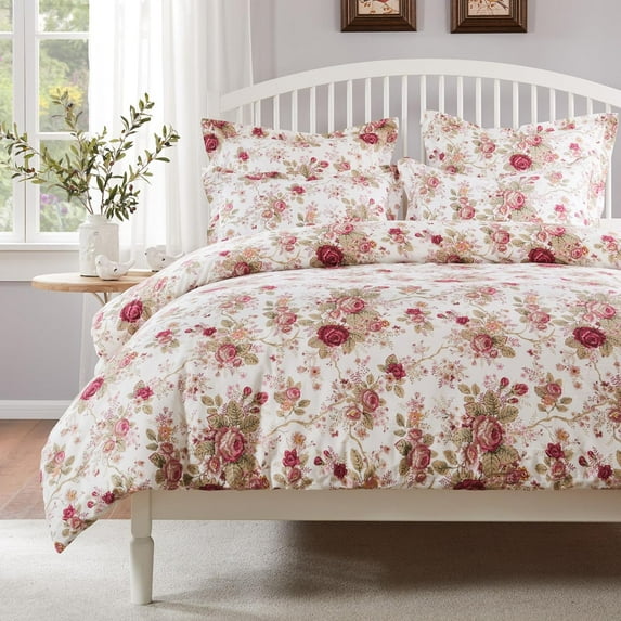 Greenland Home Antique Rose 100% Cotton Modern Floral Duvet Set, Ivory, 3-Piece Full/Queen