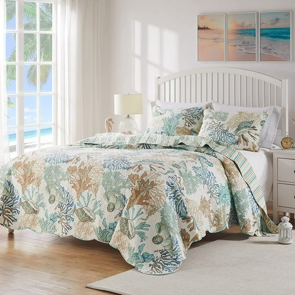 Greenland Home Atlantis  Sea Coral Oversized Reversible Quilt Set, 3-Piece Full/Queen in Jade