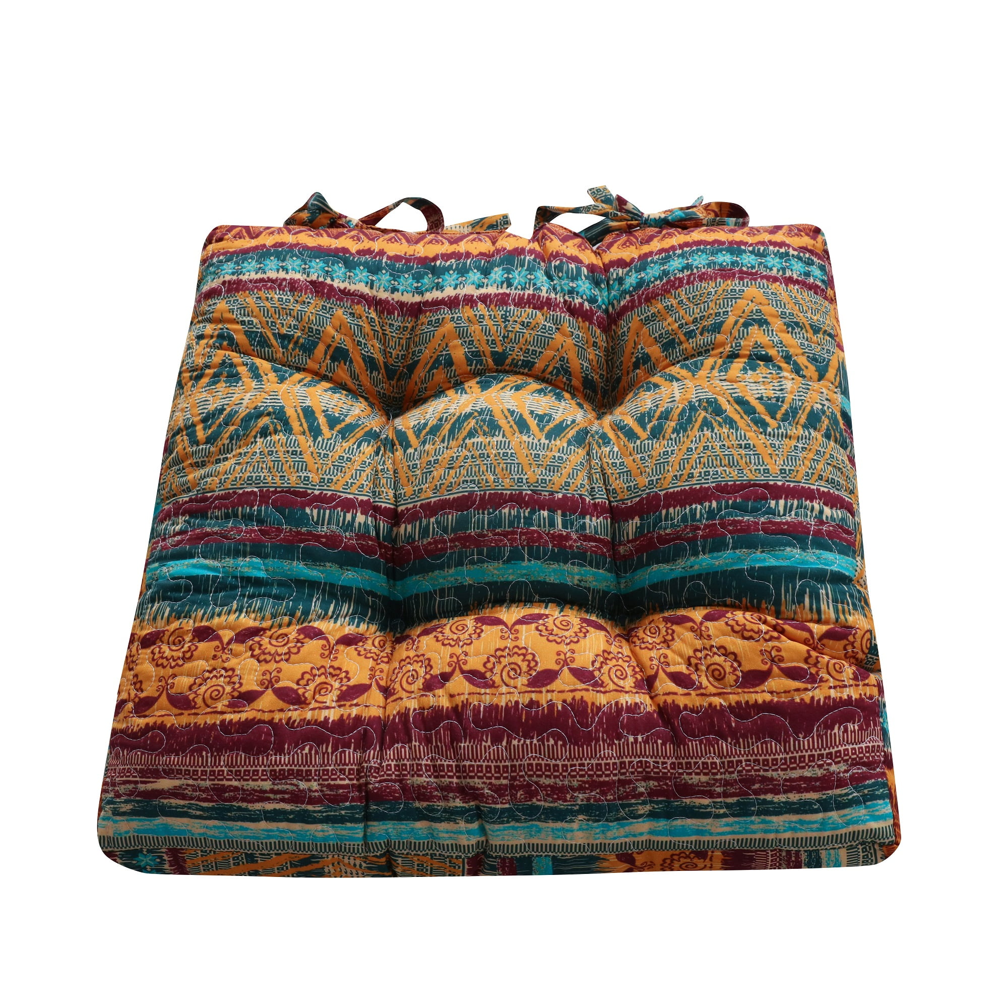 Southwest Teal Cotton and Polyester Chair Cushion with Ties