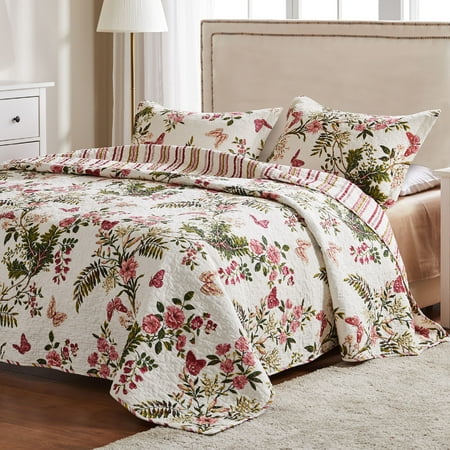 Greenland Home Butterflies 100% Cotton Reversible Oversized Botanical Quilt Set, 3-Piece King/Cal King