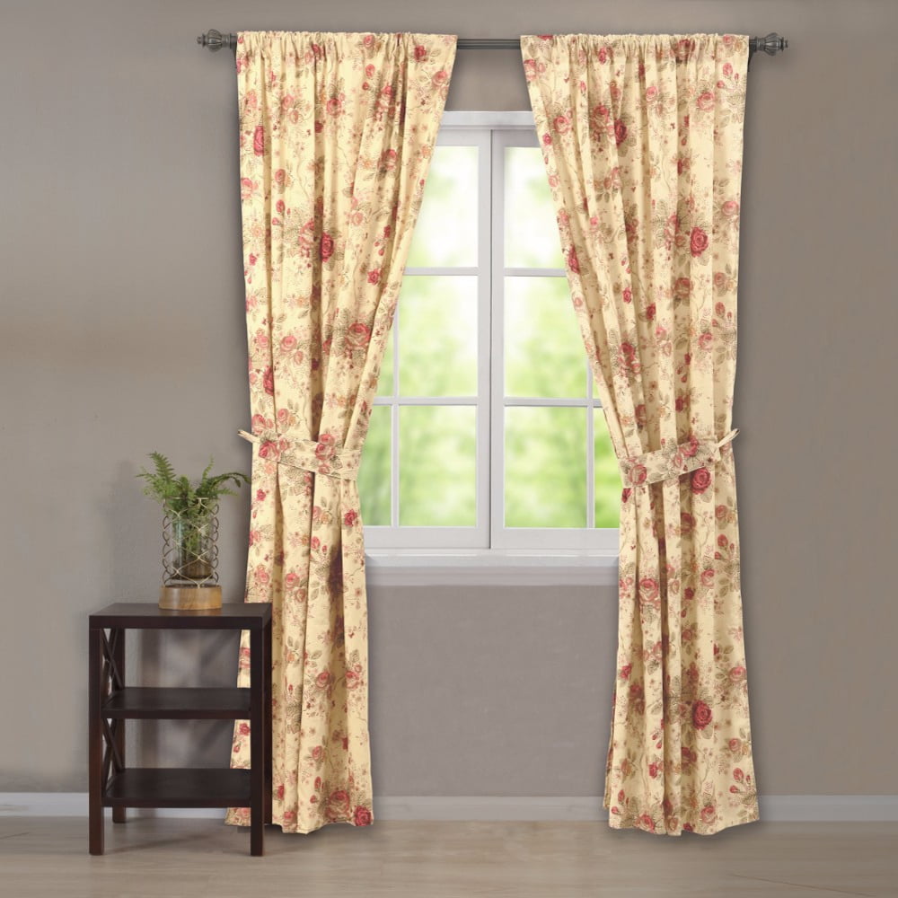Antique Rose Floral Cotton Rod Pocket Curtain Panels