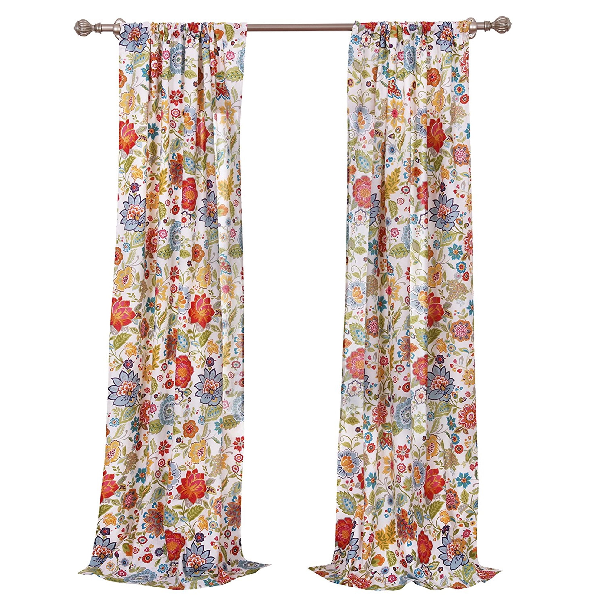 White Floral Polyester Sheer Rod Pocket Drapes