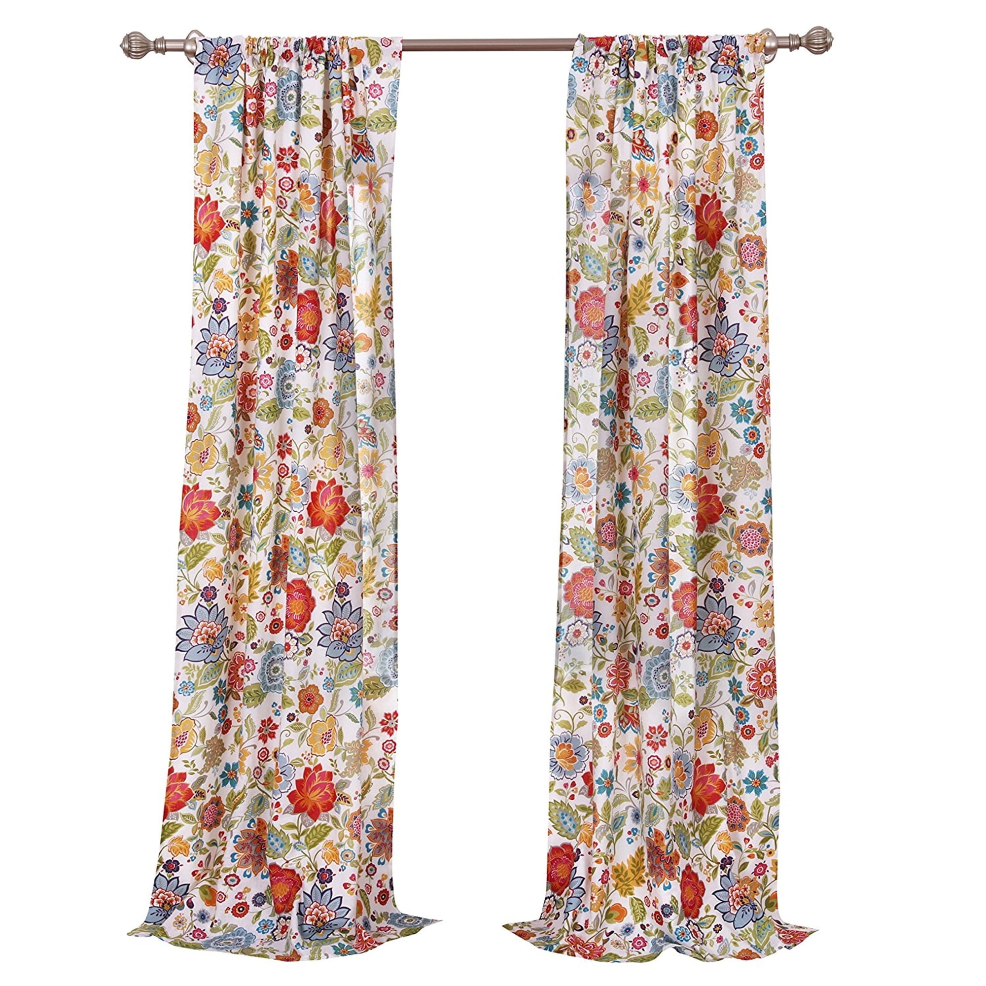 White Floral Polyester Sheer Rod Pocket Drapes