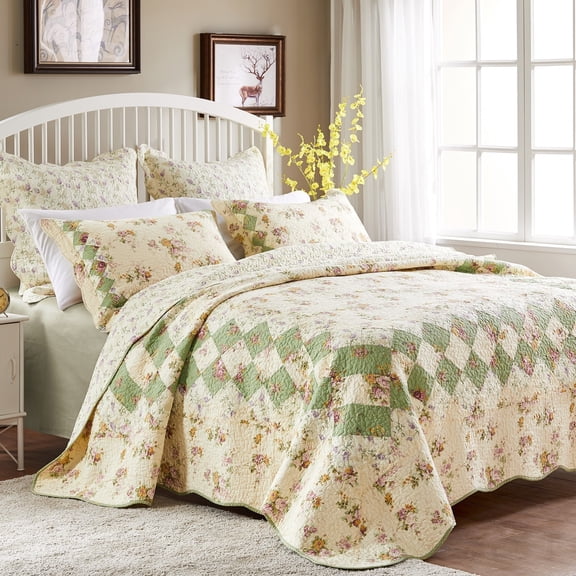 Greenland Home Fashions  Bliss 100% Cotton Authentic Patchwork Quilt Set Ivory (2 Piece) Twin - Twin XL Patchwork, Border, Floral 2 Piece Cottage,