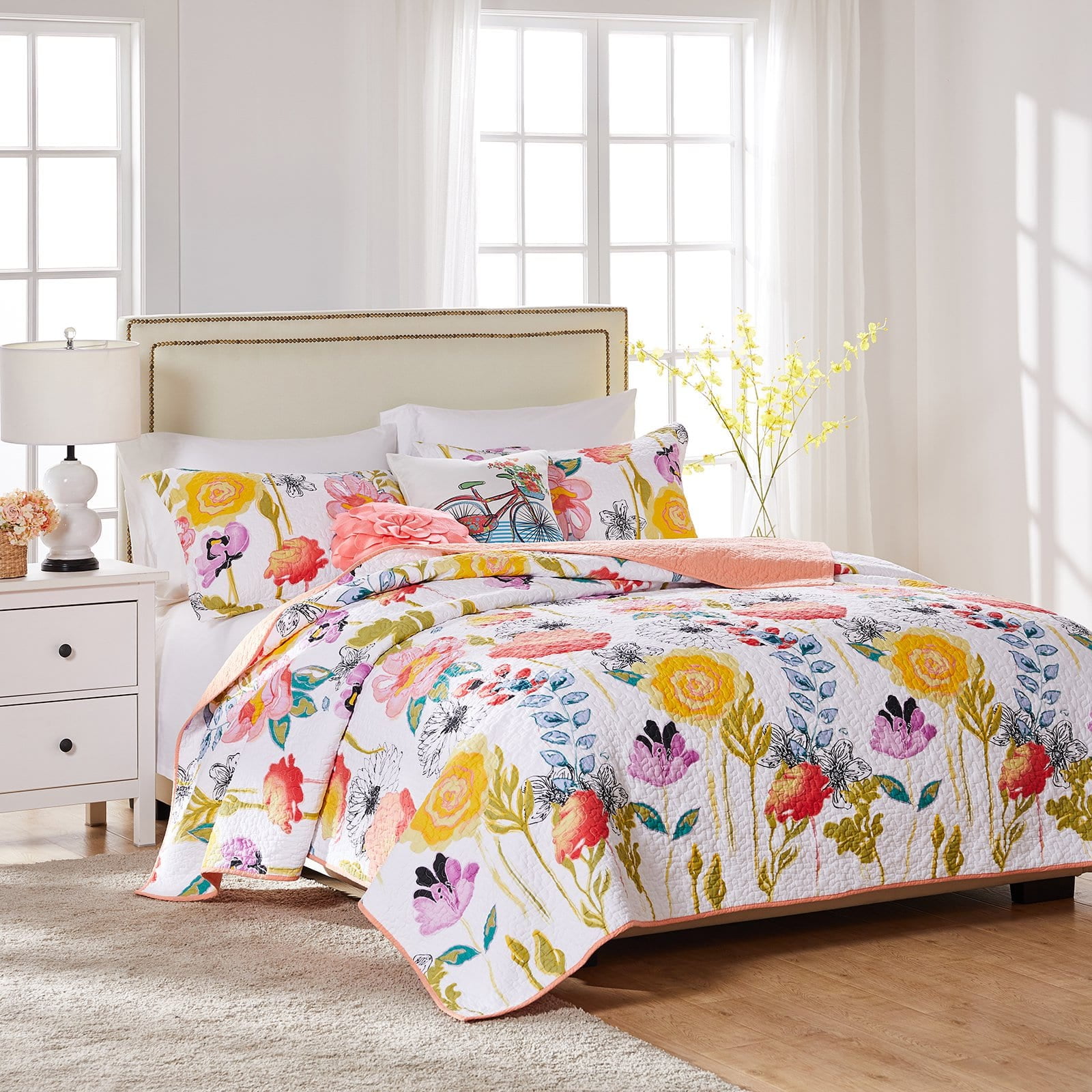 Multicolor Floral Cotton Twin Quilt and Sham Set