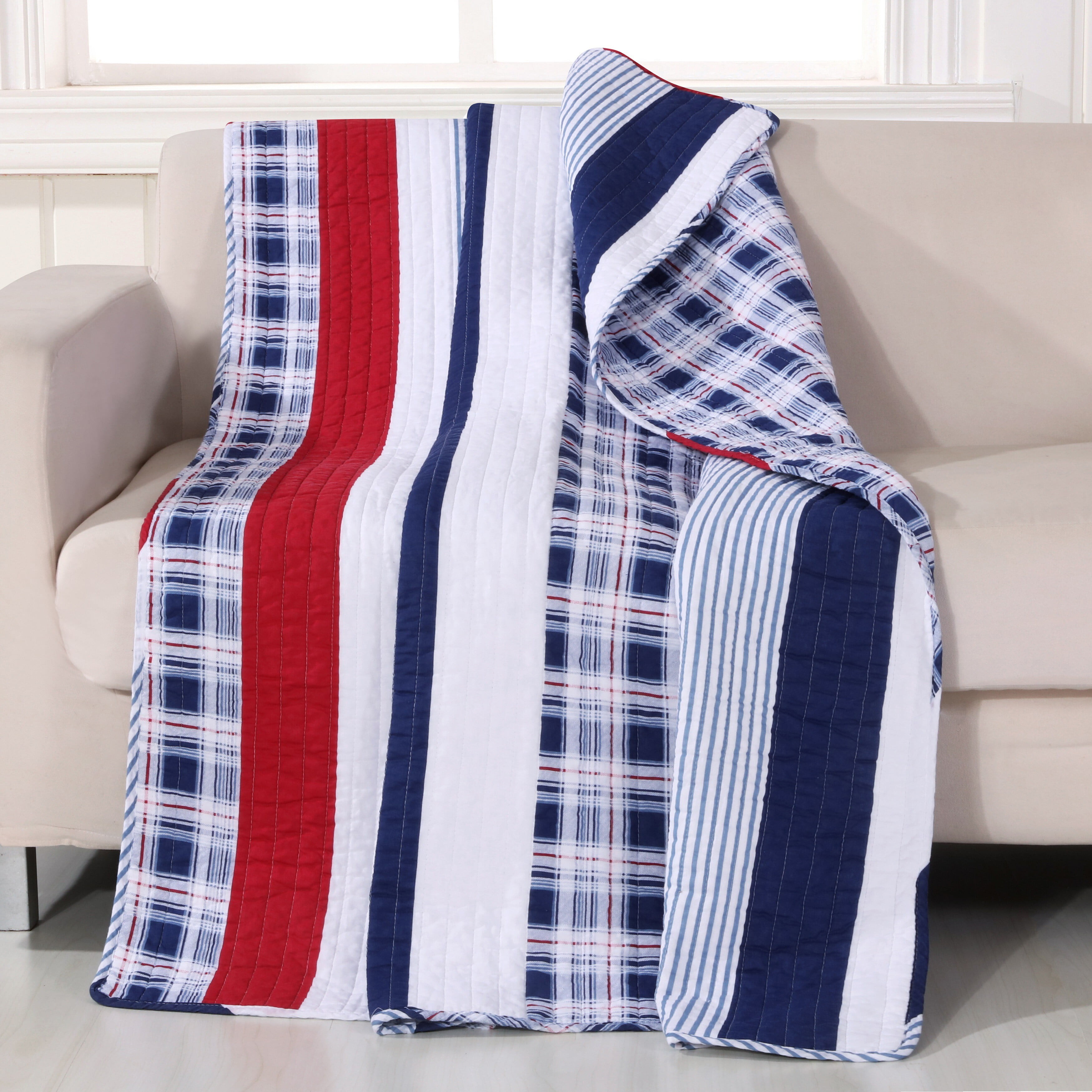 Greenland Home Fashions Americana Cotton Reversible Throw Blanket, Nautical Stripes