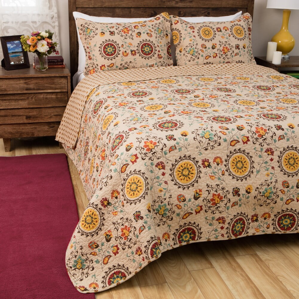 King Red Cotton Reversible Quilt Set with Floral Design