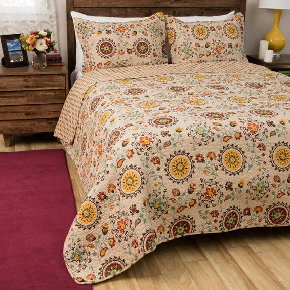Greenland Home Fashions Andorra Suzani Medallion 100% Cotton Reversible Quilt Set Twin 2 Piece