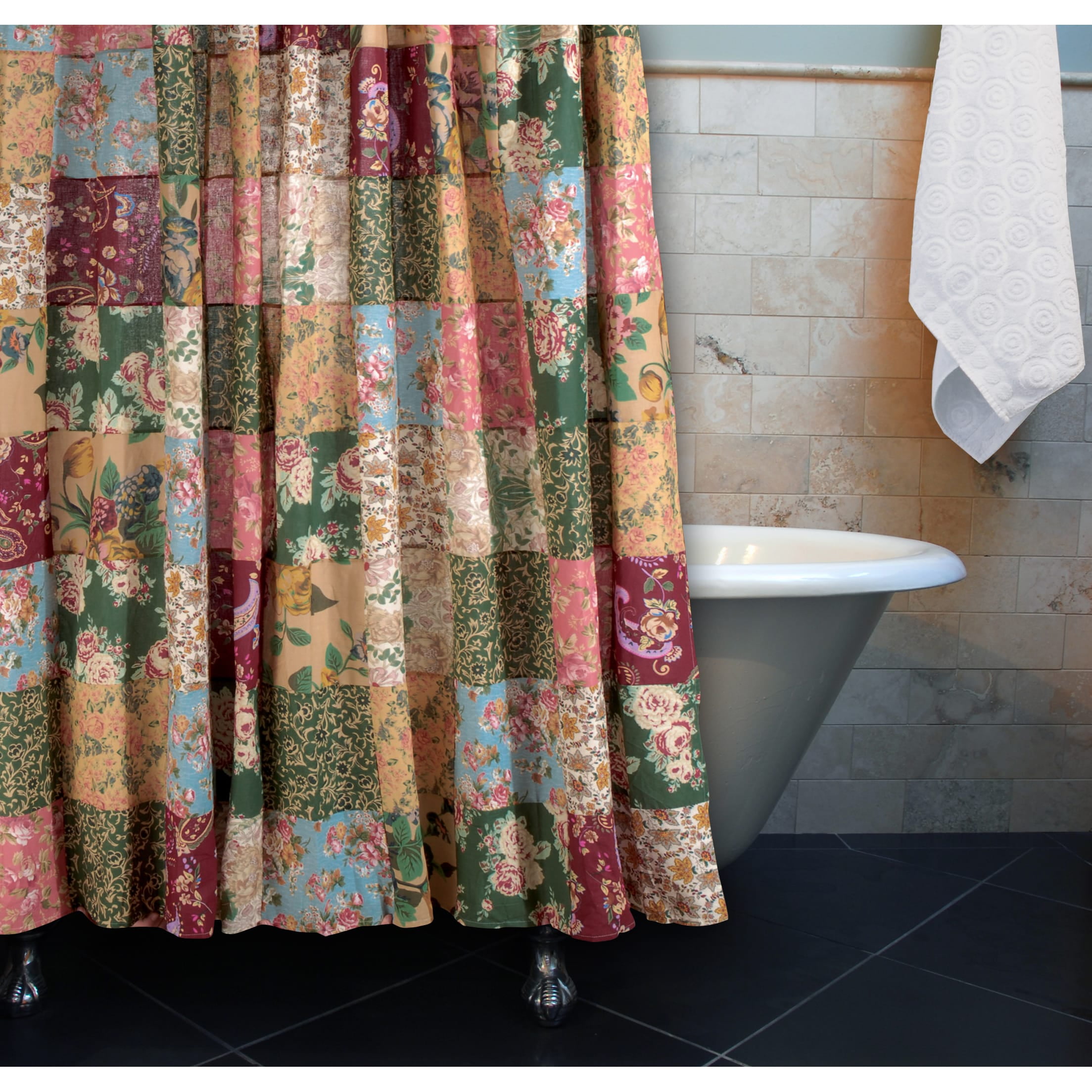 Antique Chic Patchwork Cotton Shower Curtain with Floral Patterns