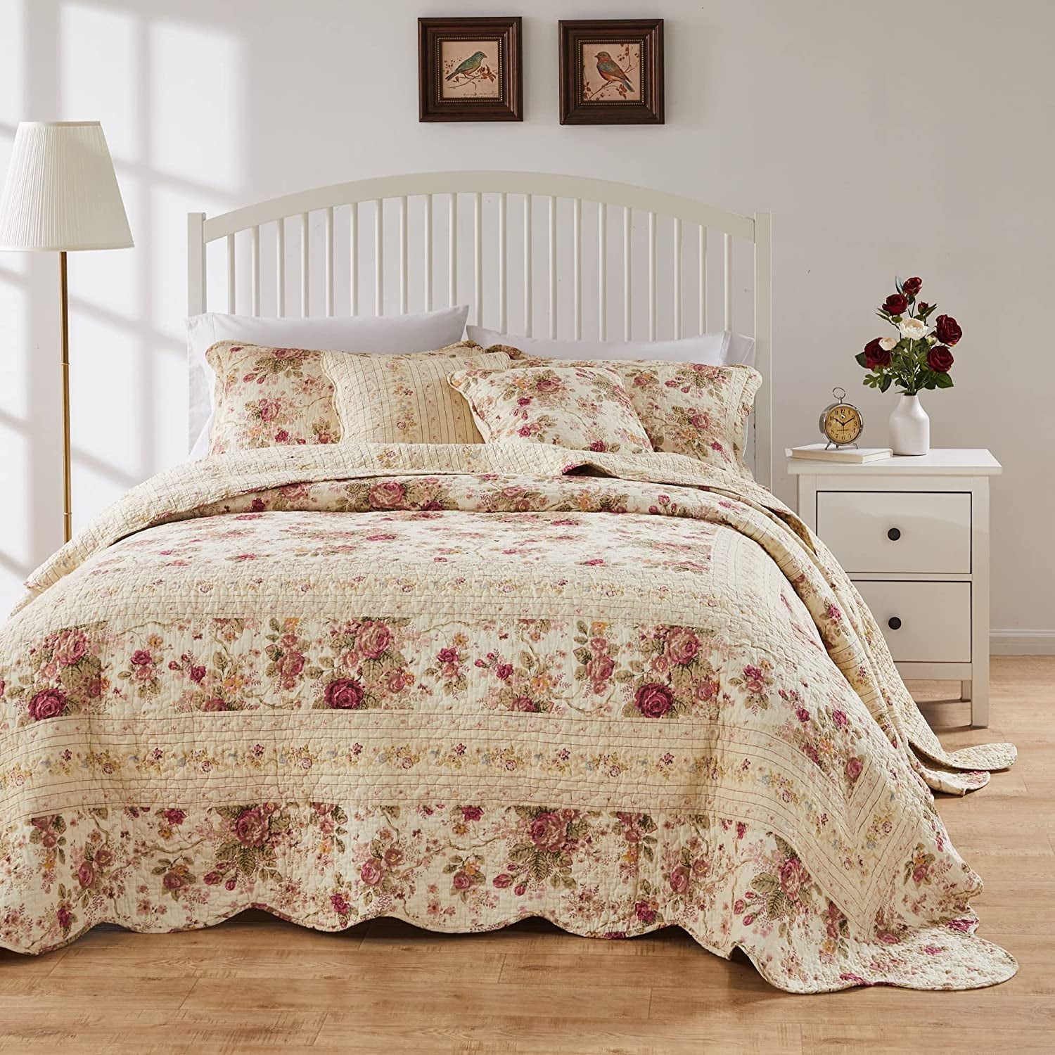 Queen Blue Cotton Reversible Floral Bedspread Set