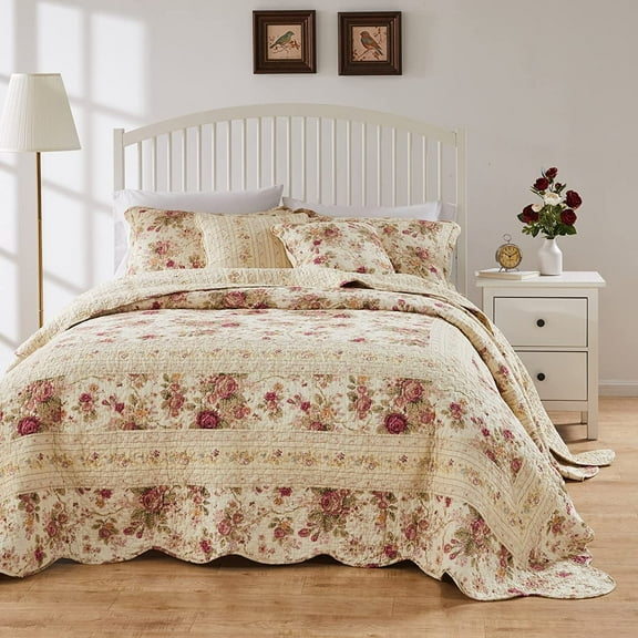 Greenland Home Fashions Antique Rose 100% Cotton Reversible Bedspread Set, Jumbo Size 3-Piece Queen, Ecru