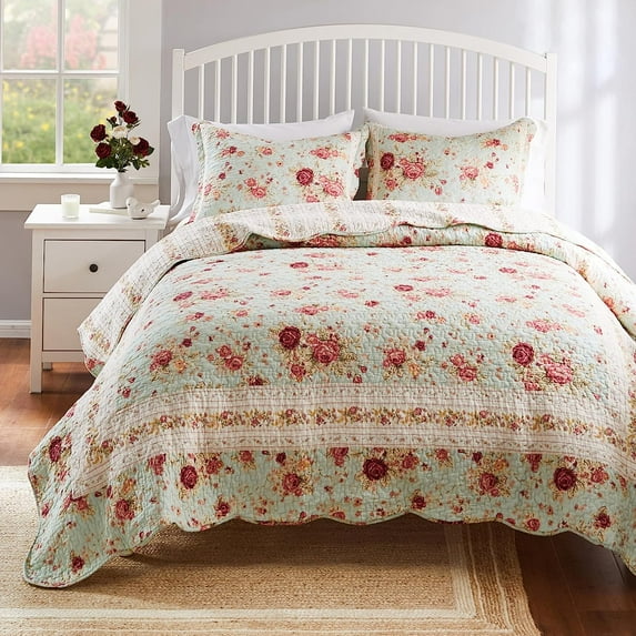 Greenland Home Fashions Antique Rose 100% Cotton Reversible Quilt Set, 3-Piece Full/Queen, Blue