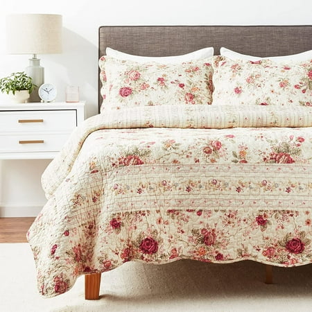 Greenland Home Fashions Antique Rose 100% Cotton Reversible Quilt Set, 3-Piece Full/Queen, Ecru