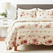 Greenland Home Fashions Antique Rose 100% Cotton Reversible Quilt Set, 3-Piece Full/Queen, Ecru