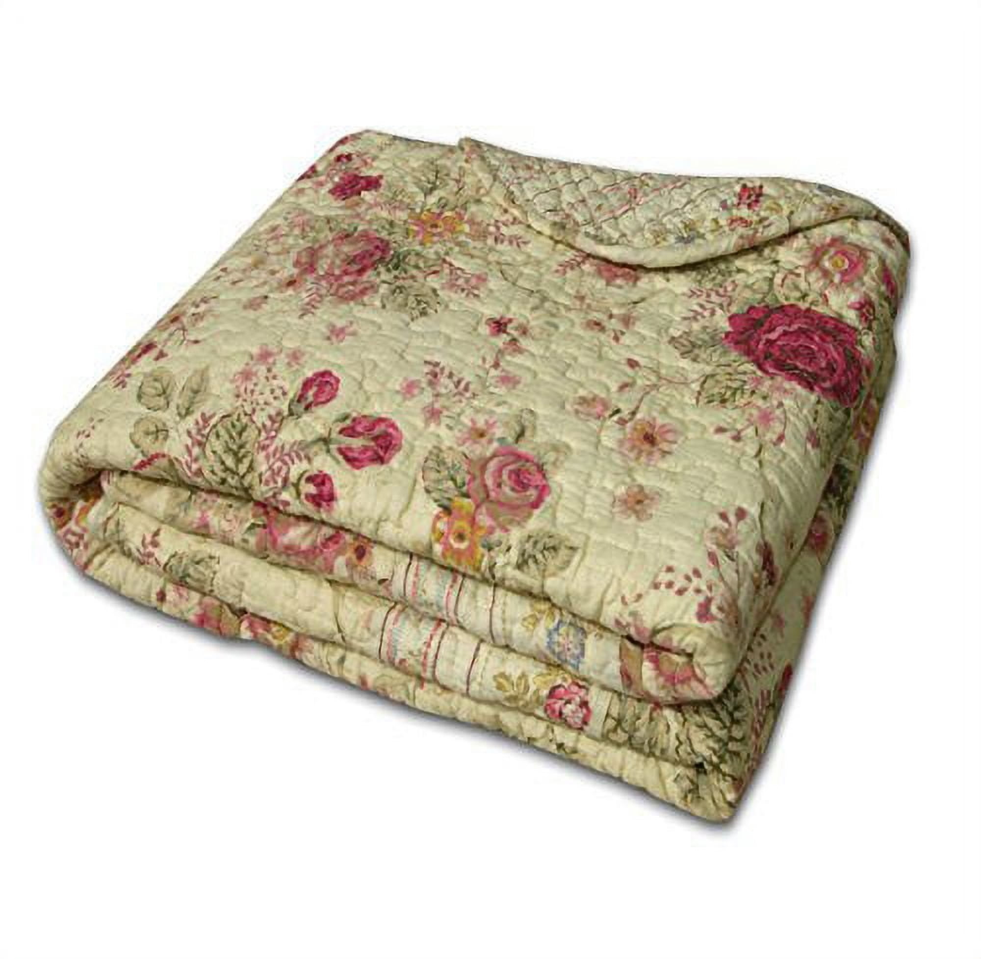 Classic Garden Rose Quilted Throw in Ecru Cotton 50"x60"