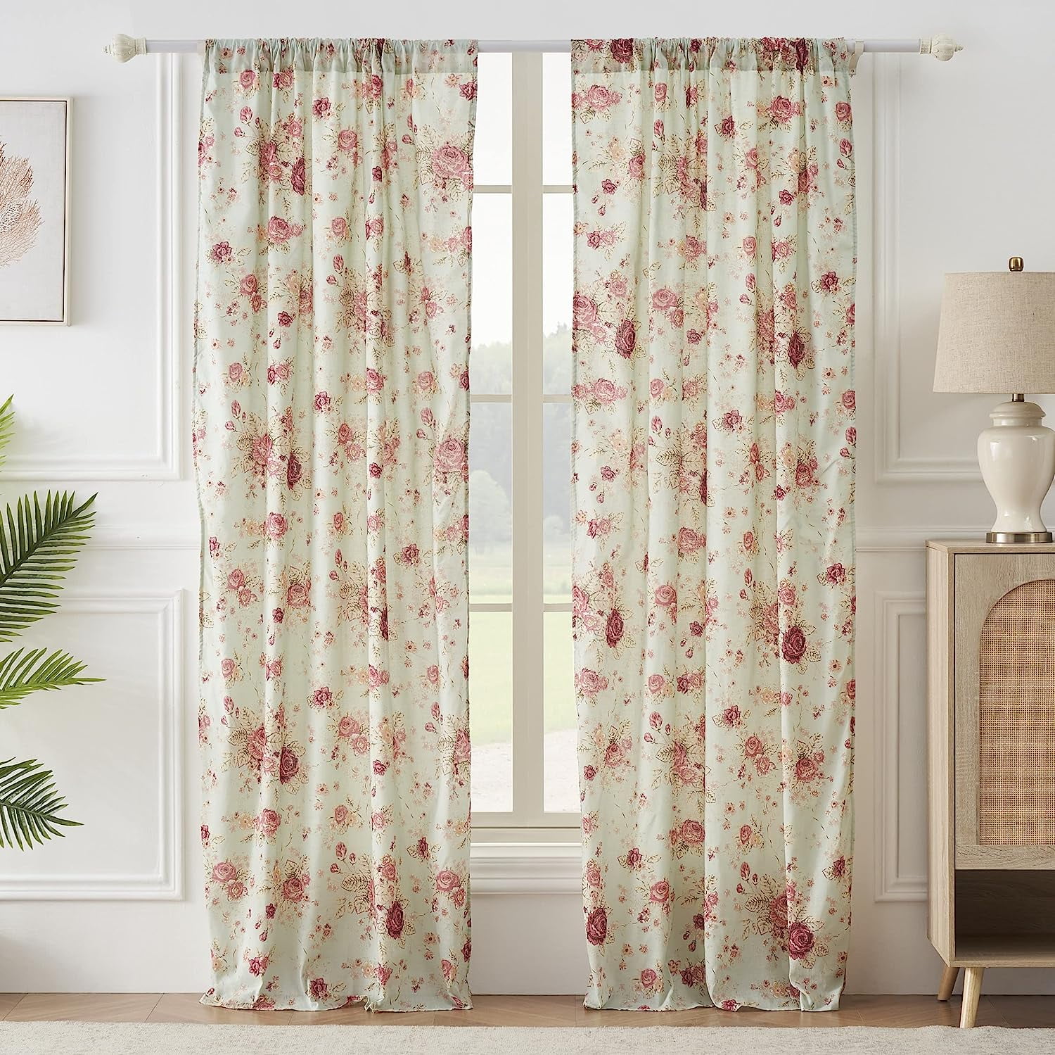 Seafoam Antique Rose Cotton Light-Filtering Rod Pocket Curtain Panels