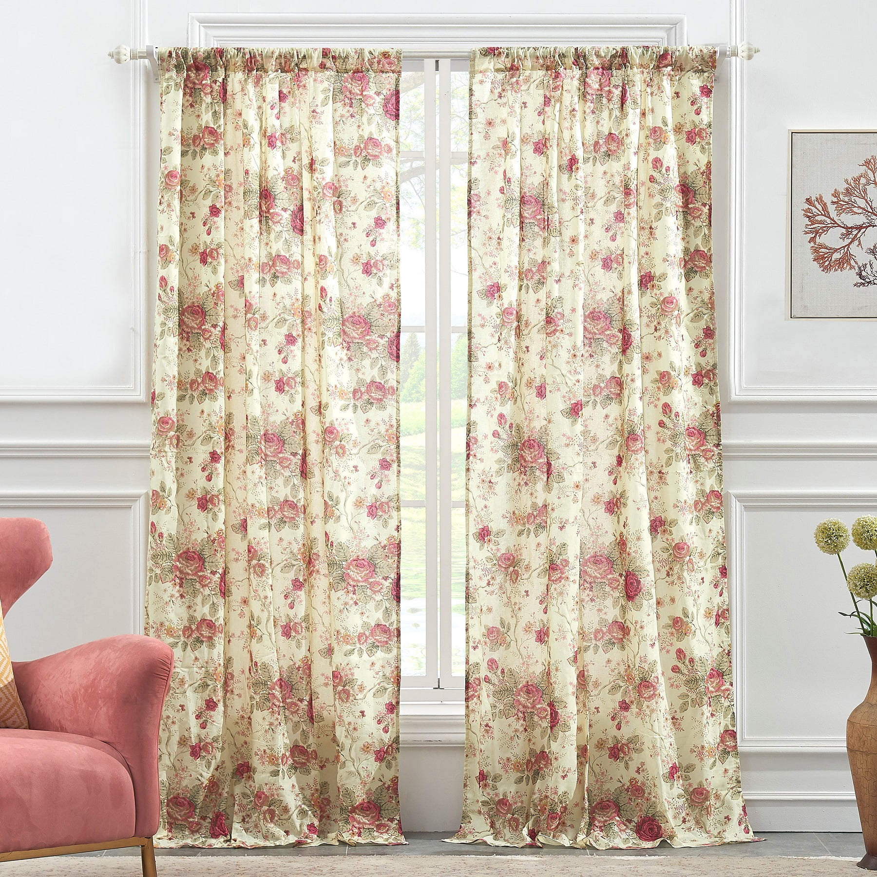 Greenland Home Fashions Antique Rose Curtain Panels, Ecru, Set of 2, 42 W x 84 L (x2), with Tiebacks