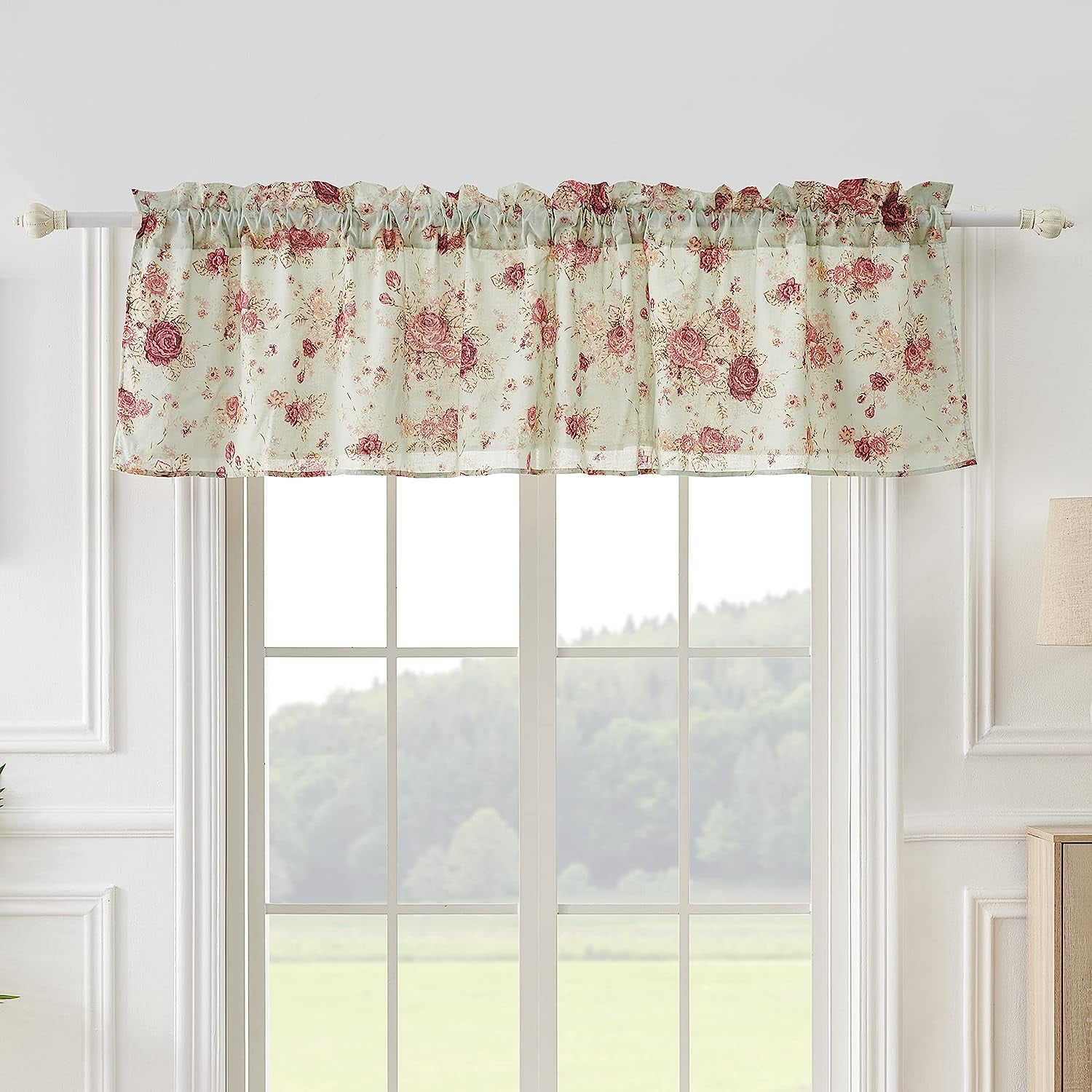 Antique Rose Floral Cotton Window Valance, Blue