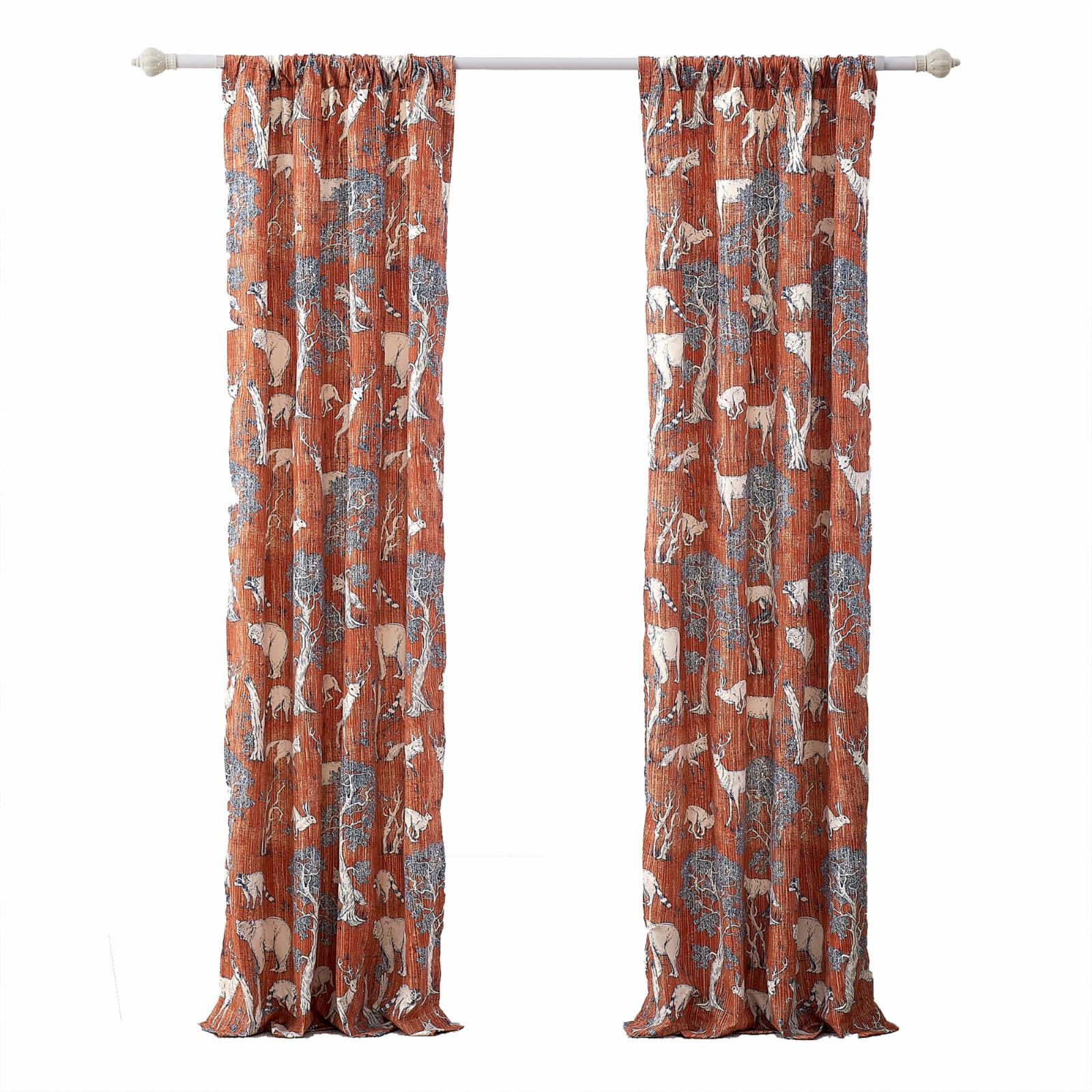 Saffron Red Polyester Wildlife Print Rod Pocket Curtain Panels