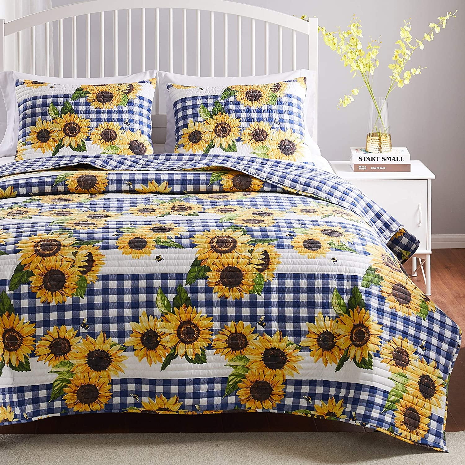 Sunflower and Blue Gingham Twin Microfiber Reversible Quilt Set