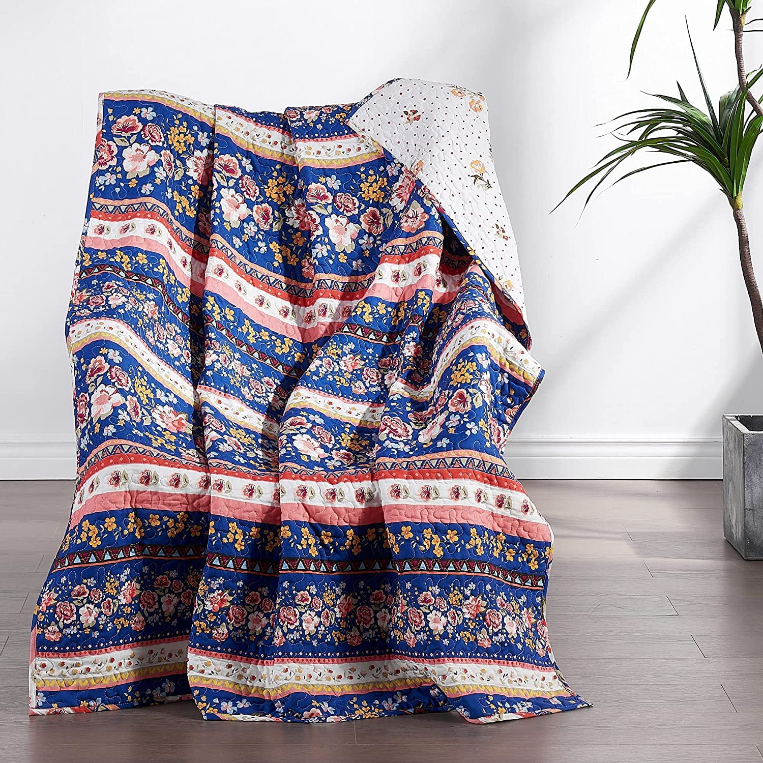 Marsha Blue and Pink Floral Reversible Throw Blanket