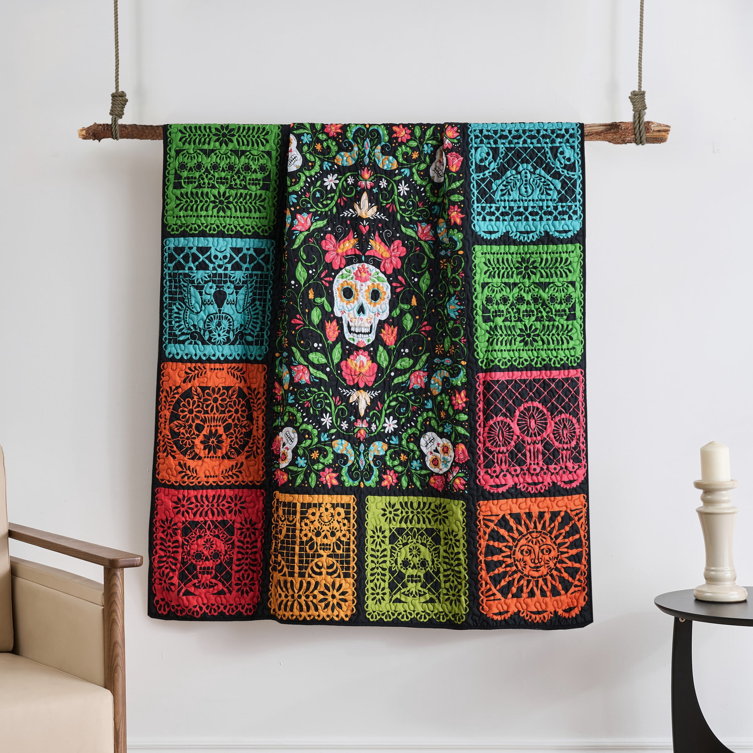Greenland Home Fashions Day of the Dead Cotton-Rich Patchwork Picado Quilted Throw Blanket, for All Ages