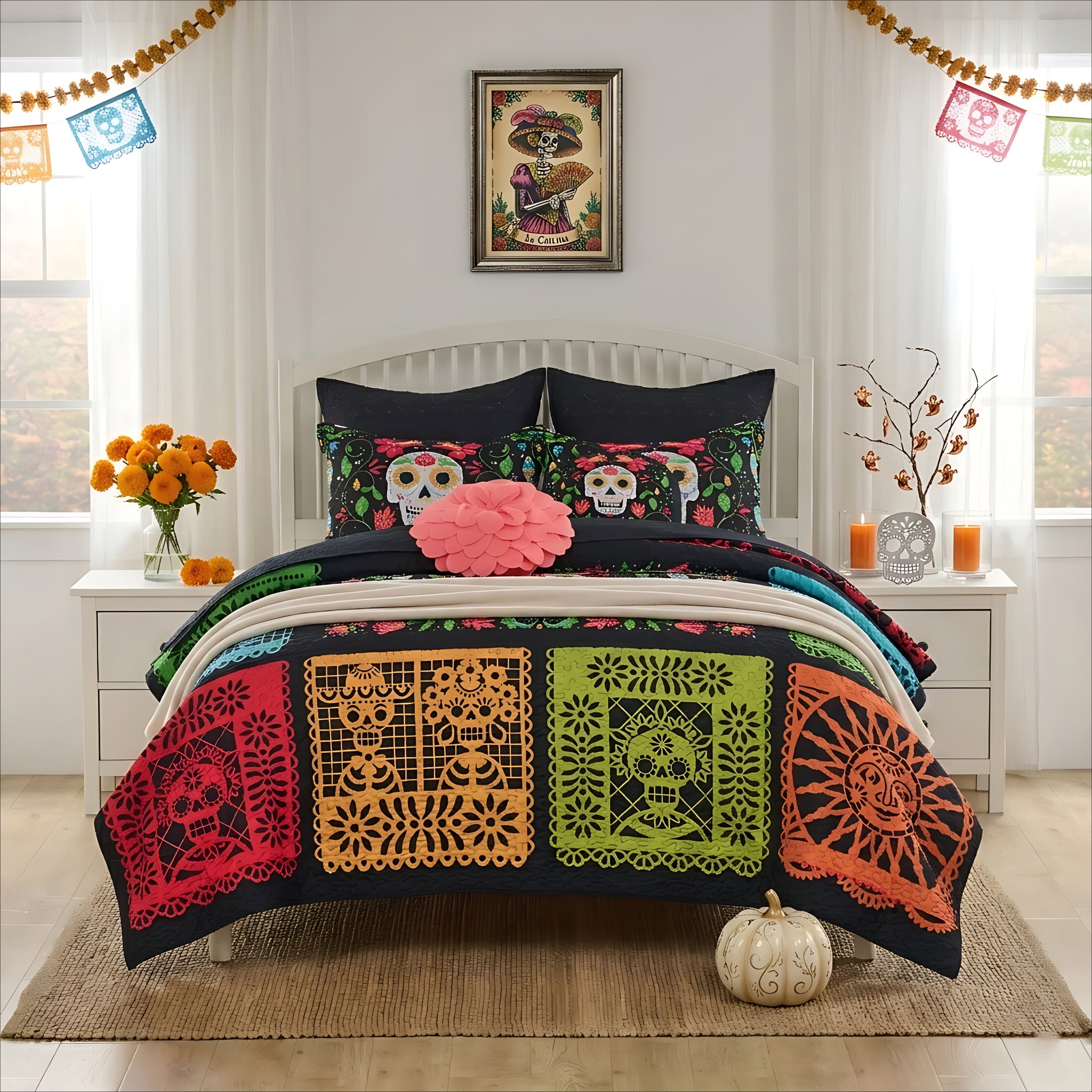 Greenland Home Fashions Day of the Dead Quilt Set, 3-Piece King/Cal King, Teens/Adults