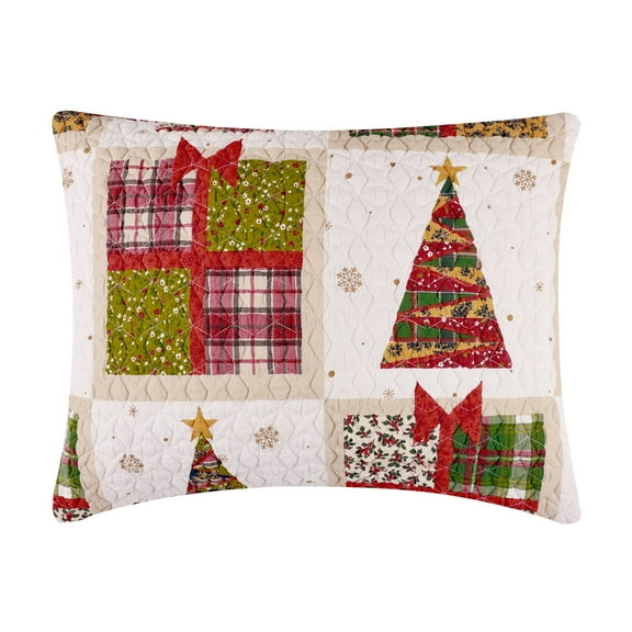 Greenland Home Fashions Deck the Halls Festive Patchwork Quilted Pillow Sham, King