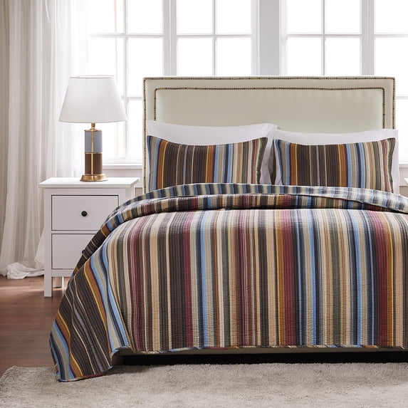 Greenland Home Fashions Durango 100% Cotton Reversible Stripes Quilt Set Earth King - Cal King 3 Piece Cabin & Lodge, Mid-Century Modern