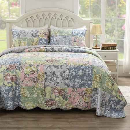 Greenland Home Fashions Emma Traditional Patchwork Floral Quilt Set 3-Piece Full/Queen