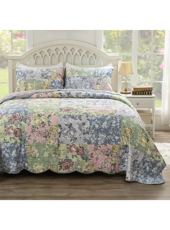 Greenland Home Fashions Emma Traditional Patchwork Floral Quilt Set 3-Piece Full/Queen