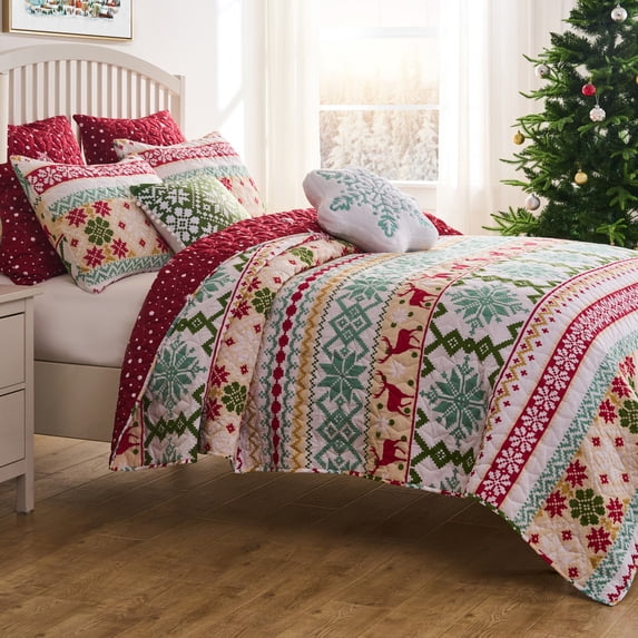 Greenland Home Fashions Fair Isle Festive Holiday Quilt Set, 2-Piece Twin/XL