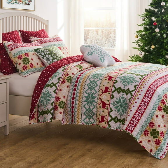Greenland Home Fashions Fair Isle Festive Holiday Quilt Set, 2-Piece Twin/XL