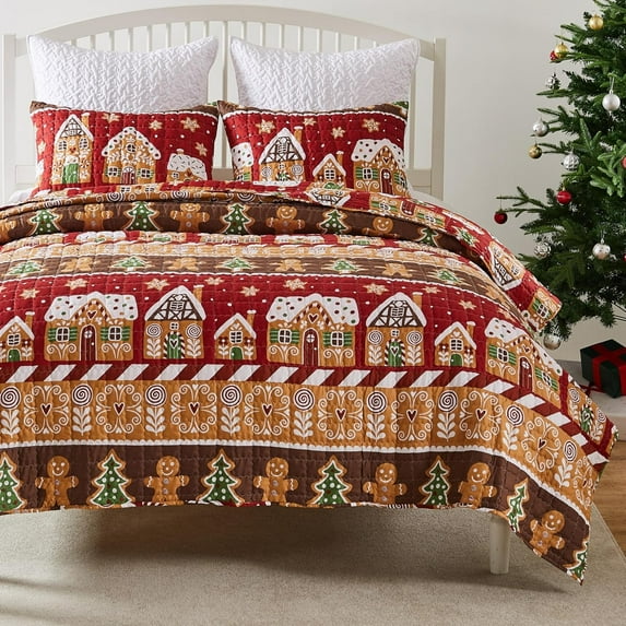 Greenland Home Fashions Gingerbread Lane Christmas Holiday Reversible Quilt Set, Red, 3-Piece Full/Queen