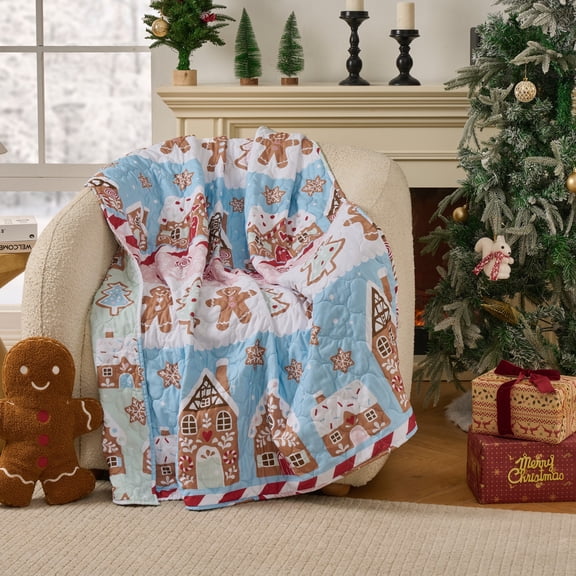 Greenland Home Fashions Gingerbread Lane Pastel Holiday Quilted Throw Blanket, All Ages
