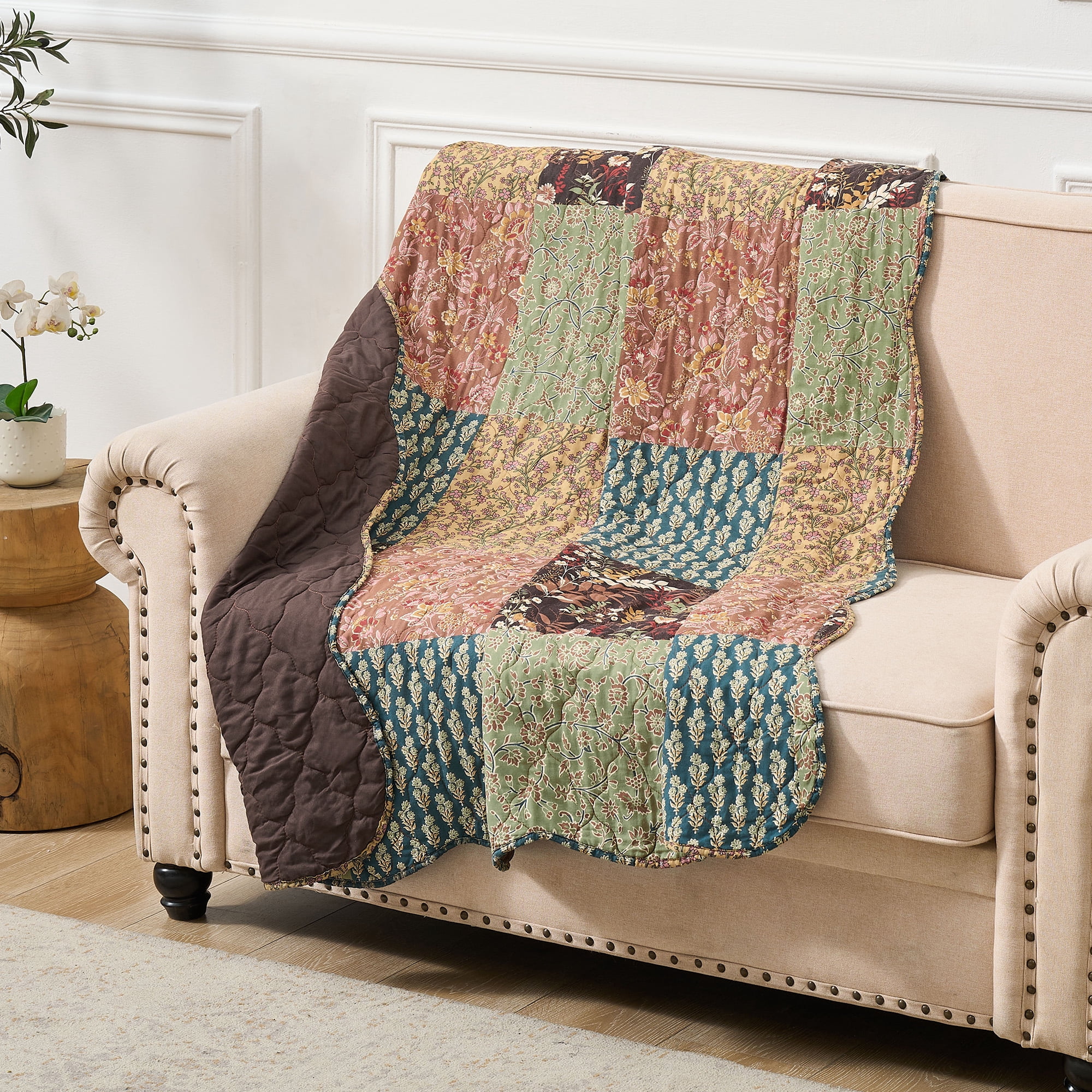Greenland Home Fashions Hazel Cotton-Rich Floral Patchwork Print Quilted Throw Blanket, for All Ages