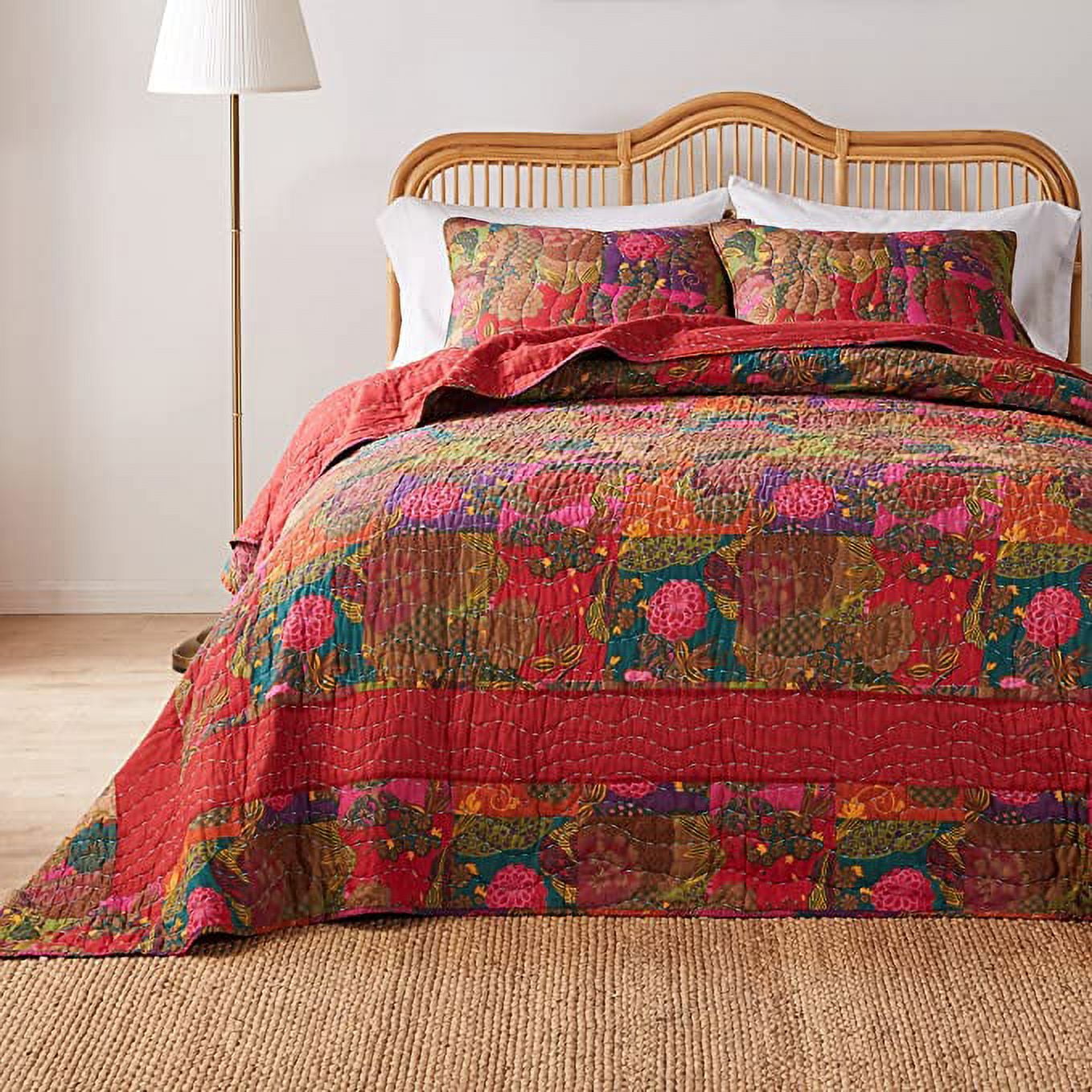 King Multicolor Cotton Reversible Floral Quilt Set