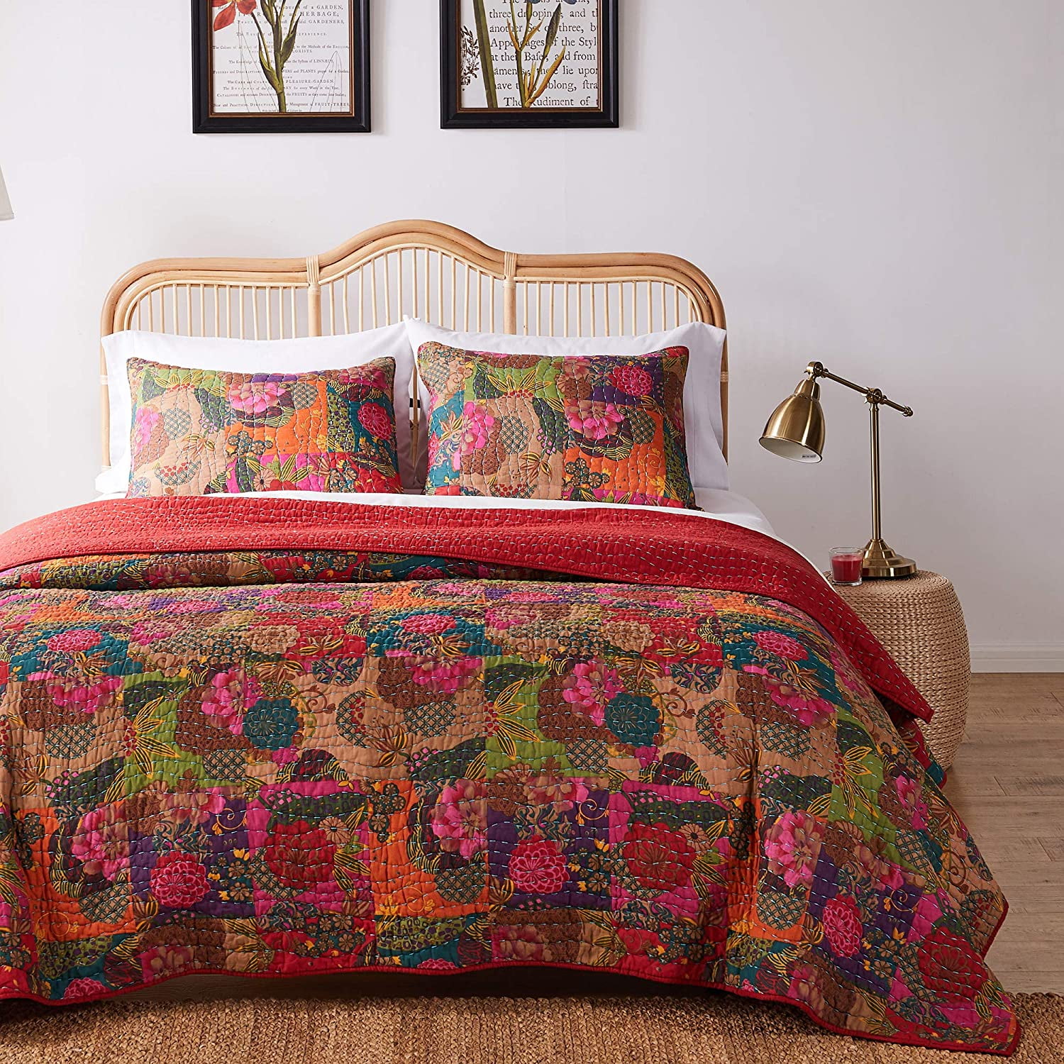 Greenland Home Fashions Jewel Red Kantha-Quilted 100% Cotton Boho Bedding Set, 3-Piece Full/Queen