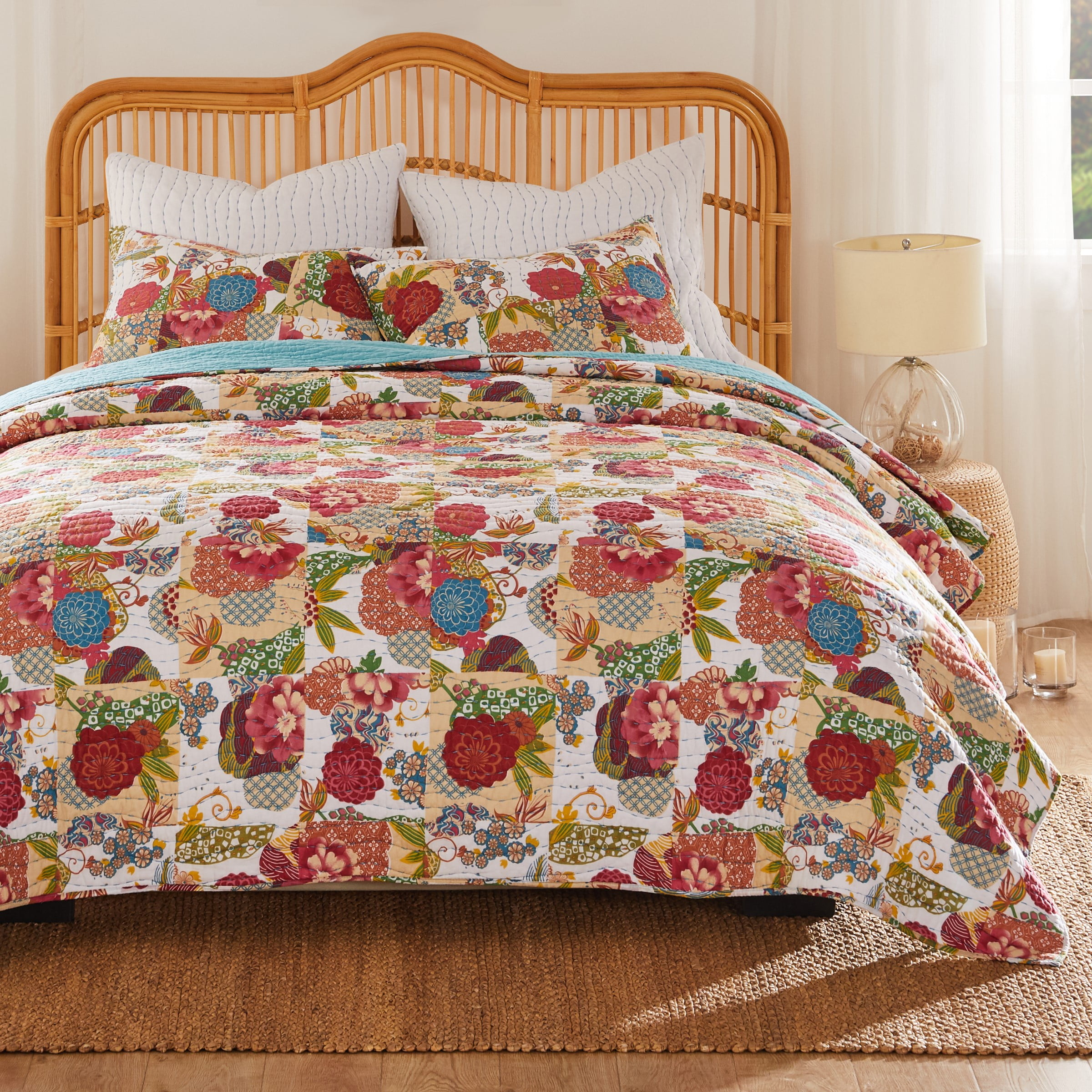 Greenland Home Fashions Jewel Kantha-Stitched Boho White 100% Cotton Quilt Set, 2-Piece Twin-XL