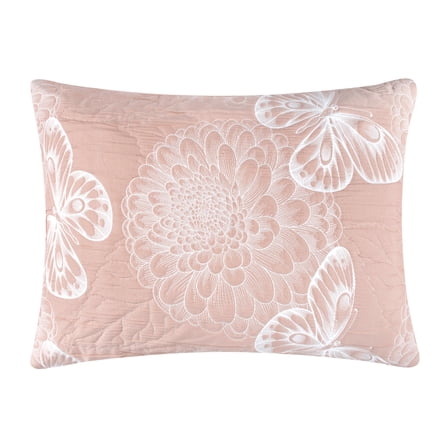 Greenland Home Fashions Mariposa Blossom and Butterfly Pink Matelassé Reversible Pillow Sham, Standard